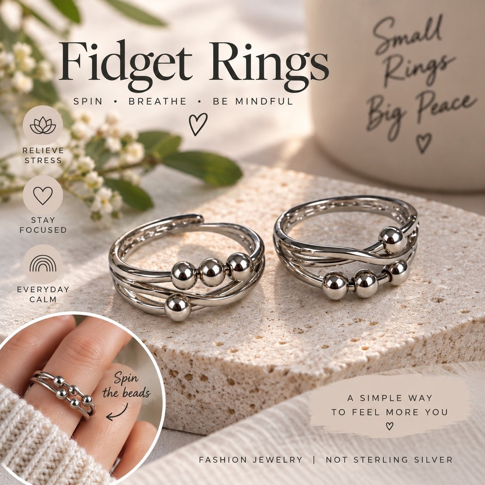 Silver Tone Fidget Ring Anxiety Relief Spinning Bead Adjustable Mindfulness Band